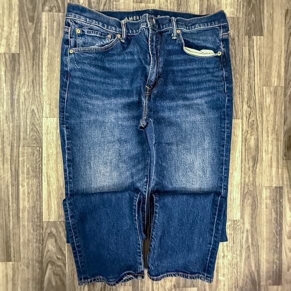 American Eagle Jeans Flex Real Good Blue 36x34 Straight Denim Distressed - Picture 1 of 8